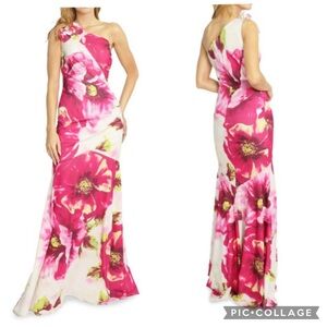 Rene Ruiz Floral One Shoulder Gown Pink Multi 16‎